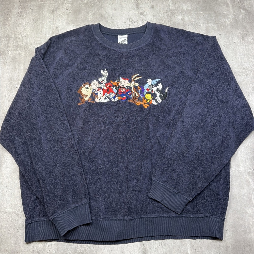 Vintage Looney Tunes Fleece Sweatshirt Crewneck Blue Graphic Warner 90s Size XL